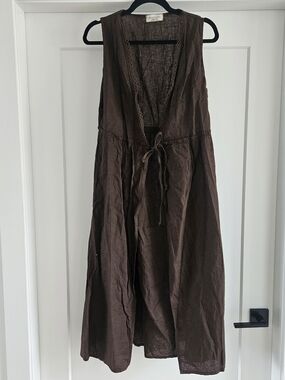 ​La Piccola Creativa Italy Linen Lagenlook Midi Dress Vest Brown Eyelet Trim OS